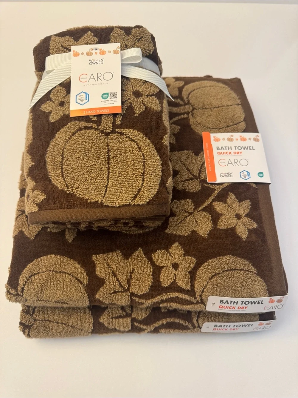 4pc CARO HOME Brown Pumpkin Pattern Bath Towel Set - Fall
